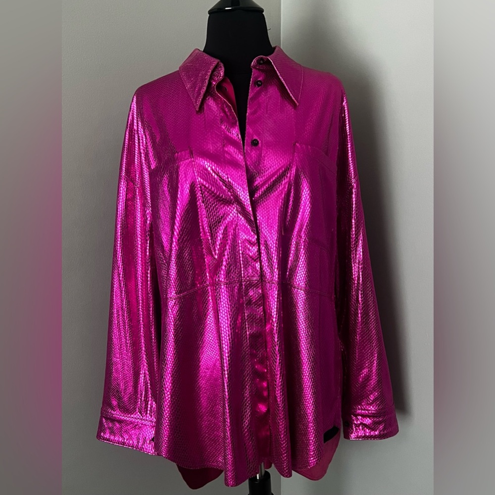 MSGM Metallic Fuchsia Textured Button-Up Shirt Sz 42